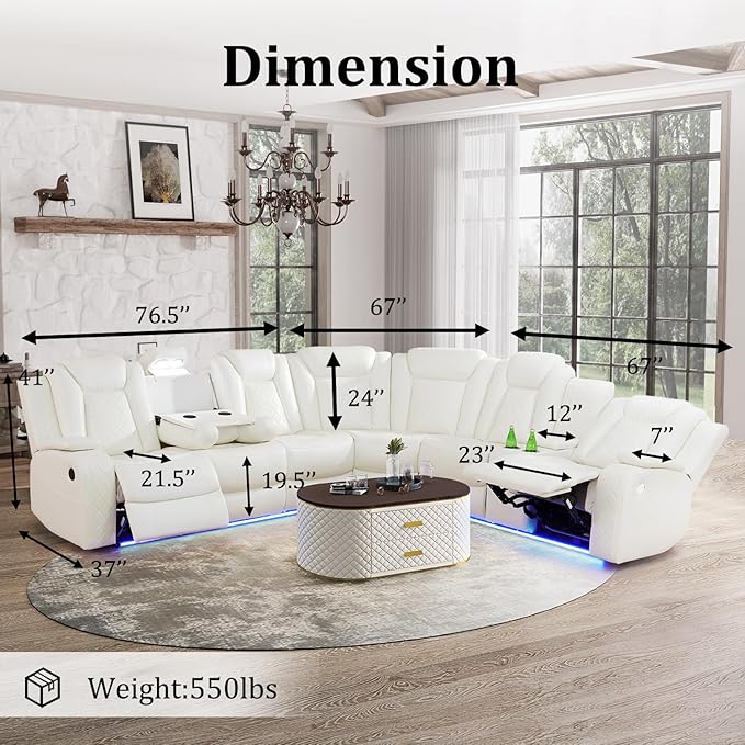 Power Recliner Sectional Sofa Set with Chair, Leather Reclining Couch Set for Living Room, Creamy White Breathing Leather Recliner Sectional with Storage Console/Cup Holders/USB Ports/LED