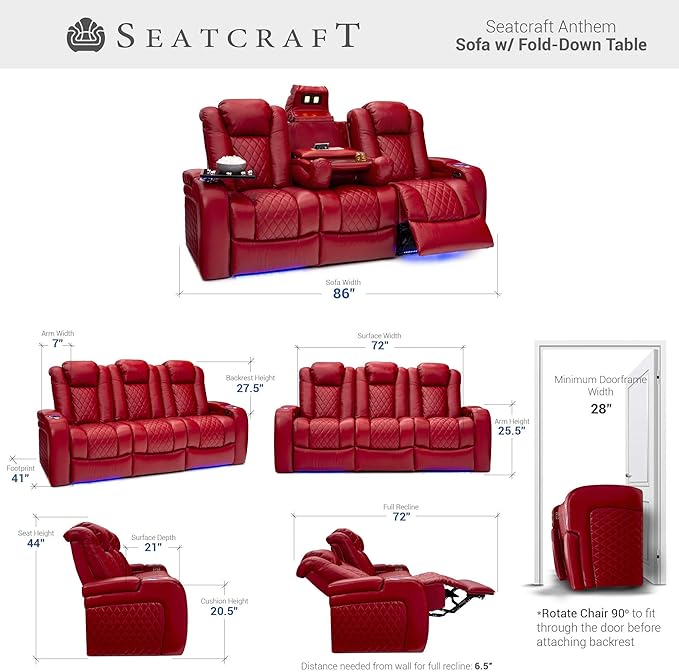 Seatcraft Anthem Italian Leather Sofa w/Fold-Down Table & Loveseat w/Storage Console, Living Room, Power Headrest, Power Recline, Red