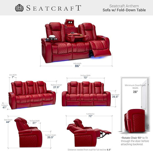 Seatcraft Anthem Italian Leather Sofa w/Fold-Down Table & Loveseat w/Storage Console, Living Room, Power Headrest, Power Recline, Red
