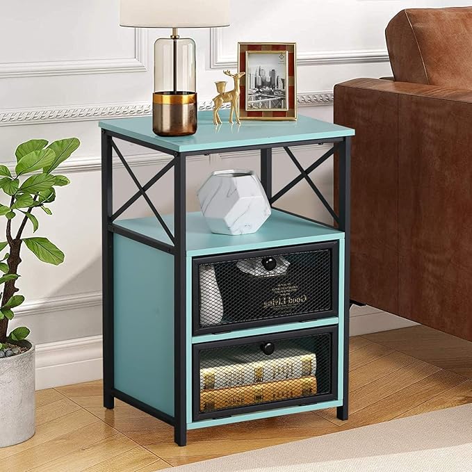 VECELO Nightstand Set of 1, End Table with Flip Drawer, Modern Night Stand for Bedroom,Living Room, Office, Easy Assembly,Azure Blue