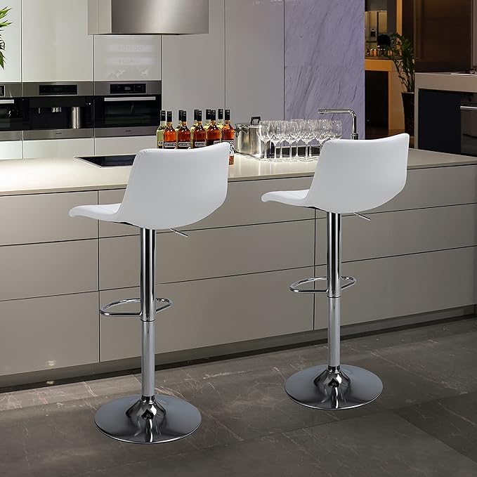 Finnhomy Bar Stools Modern PU Leather, Bar Stools Set of 2 Counter Height, Swivel Barstools with Footrest and L Shape Back, Height Adjustable Modern Bar Chairs for Kitchen, White