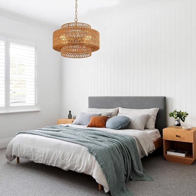 17.8" Boho Rattan Chandelier Light Fixture, 4-Light Golden Hand Woven Pendant Light Fixture Farmhouse Rustic Wicker Chandeliers for Kitchen, Bedroom, Dining Room, Living Room, Hallway, Foyer