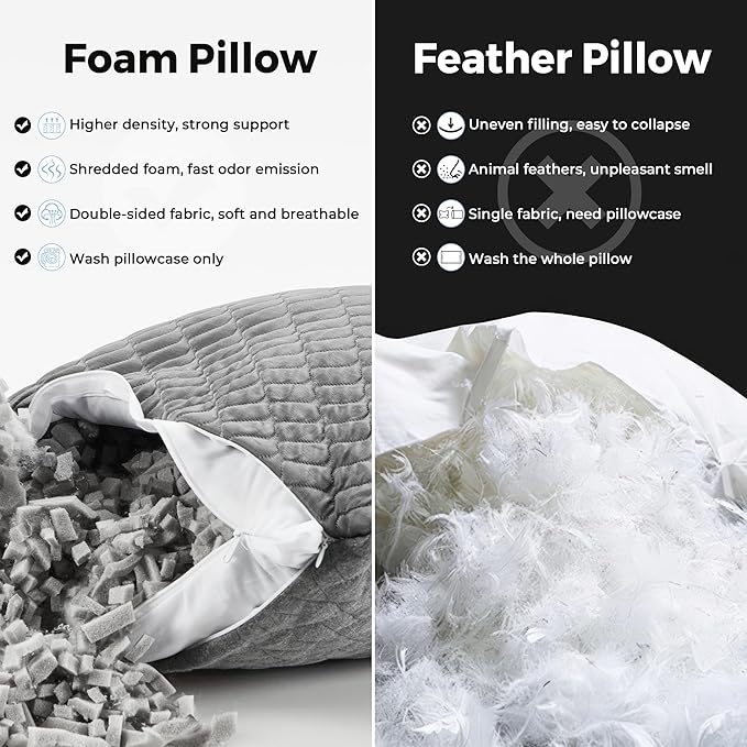 puredown® Pillows Queen Size Set of 2, Shredded Memory Foam Pillows, Cooling Foam Pillow for Sleeping, Soft Bed Pillow Queen Size with Adjustable Foam for Side, Back and Stomach Sleepers, Grey
