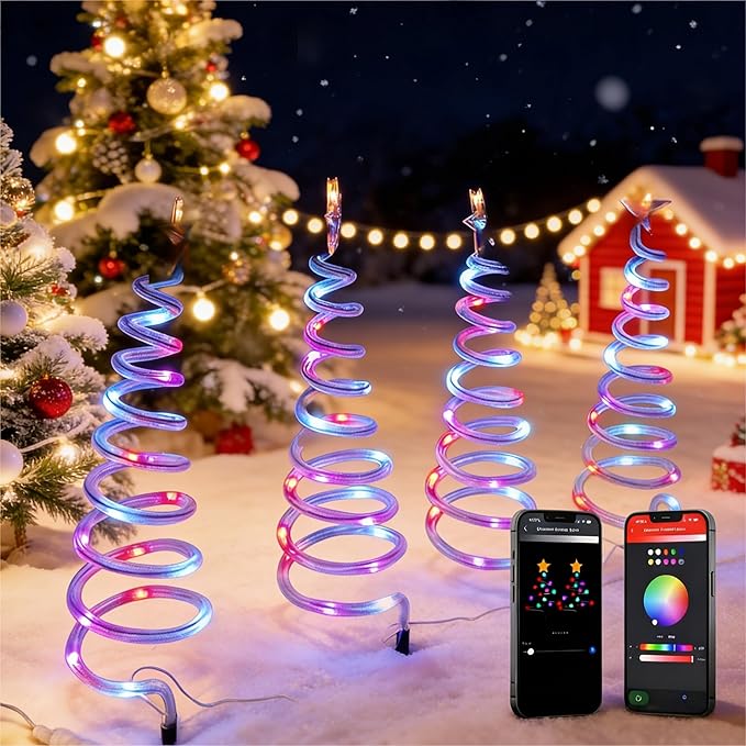 8 Pack Smart Christmas Pathway Lights Outdoor with Music Sync, 100+ Lighting Modes, Waterproof RGB Spiral Christmas Tree Path Lights for Yard, Driveway, Patio, Garden & Landscape Spotlights LED Lights