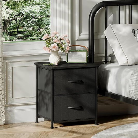 Somdot Nightstand Set of 2 with 2 Storage Drawers, Small Bedside Table End Table, Wooden Top Fabric Cabinet for Bedroom, Kids Closet, College Dorm, Entryway, Black