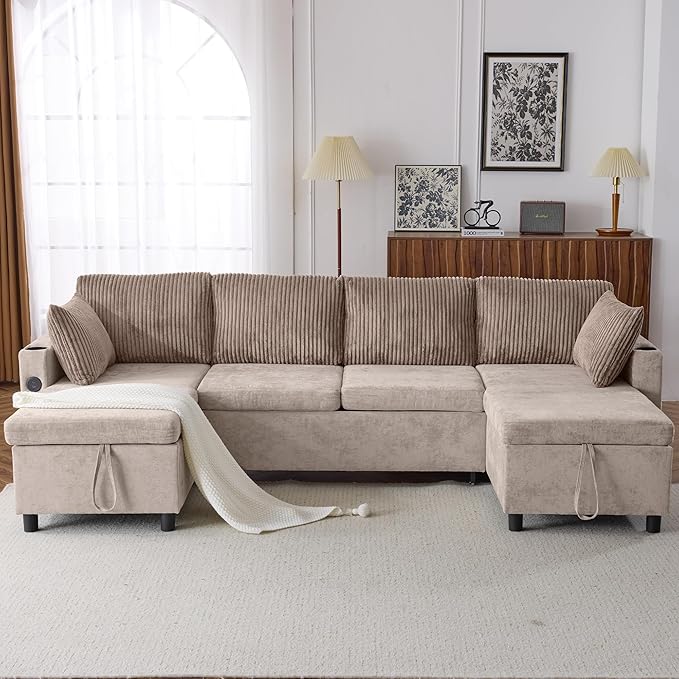 ERYE 113-Inch U-Shaped Pull Out Sleeper Couch Bed, Modern U Shaped Symmetrical Sleeper Sectional Sofa Convertible Sofa Bed with Storage Chaises & USB-C Ports for Living Room
