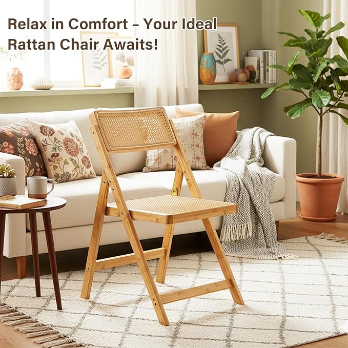 Rattan Folding Chairs, Modern Mid Century Dining Chairs Set of 2, Outdoor Bamboo Chair for Bedroom Living Room Reading Room Dining Kitchen, Wood