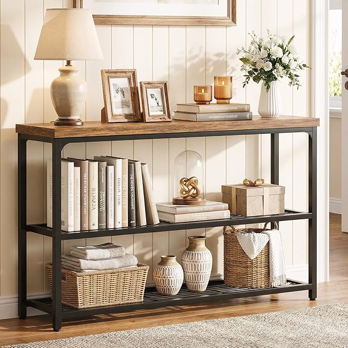 47" Console Table with Storage, 3-Tier Narrow Entryway Table, Sofa Table with Mesh Shelves, Console Tables for Living Room, Bedroom, Hallway, Entryway, Foyer, Rustic Brown