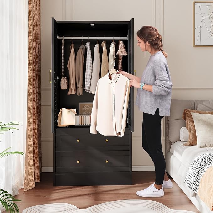 65" Louvered Armoire Wardrobe Closet, Wood Clothing Storage Cabinets with 2 Doors and 2 Drawers, Wooden Wardrobe Closet with Hanging Rod for Bedroom, Cloak Room, Laundry Room, Entrance Hall, Black