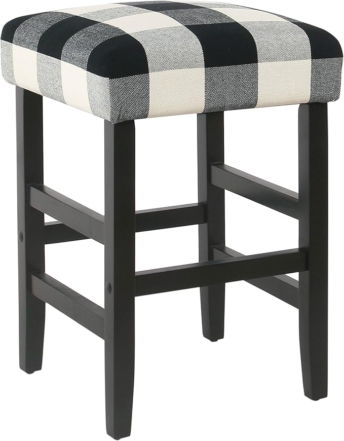 Homepop Home Decor | Classic Open-Back Counter Height Barstool | Square 24 Inch Bar Stools with Domed Cushion, Black Plaid