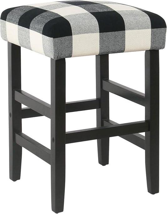 Homepop Home Decor | Classic Open-Back Counter Height Barstool | Square 24 Inch Bar Stools with Domed Cushion, Black Plaid