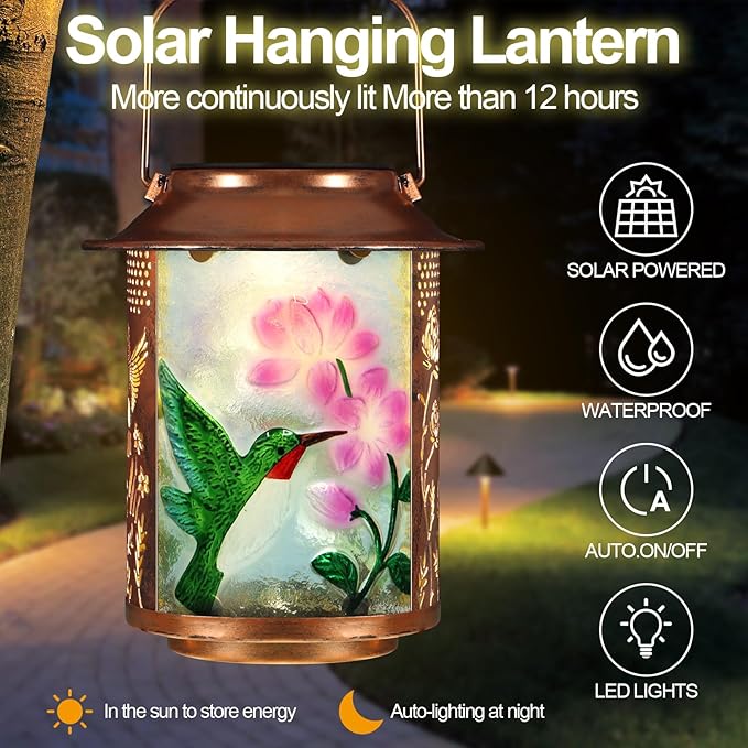 Hummingbird Solar Lanterns Outdoor Waterproof,Birthday Gifts for Women Mom Grandma Garden Decor,Hanging Solar Lights Wall Mount Decorations for Yard,Front Porch,Patio,Lawn Pathway Landscape