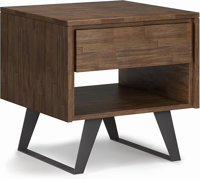 SIMPLIHOME Lowry End Table - 22 inch Wide Solid Acacia Wood Square Accent Table with Drawer and Open Shelf in Rustic Natural Aged Brown, Modern Industrial Lamp Stand with Angled Legs for Living Room