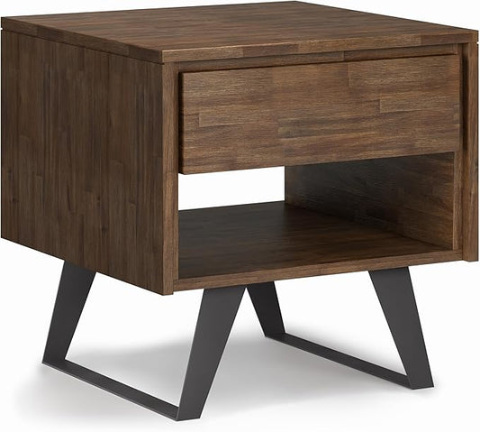 SIMPLIHOME Lowry End Table - 22 inch Wide Solid Acacia Wood Square Accent Table with Drawer and Open Shelf in Rustic Natural Aged Brown, Modern Industrial Lamp Stand with Angled Legs for Living Room