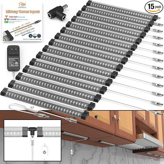 EBD LED Under Cabinet Lighting for Kitchen Built-in Adjustable Cable & Mid Input Jack Bookshelf Plug in Light bar 15 Pcs 6750 Lm 3000K Ultra Bright for Timer Smart Plug Alexa Google Assistant & Siri