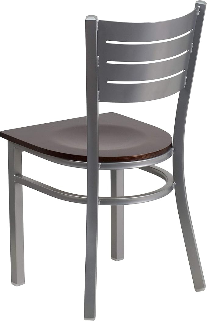 Flash Furniture HERCULES Series Silver Slat Back Metal Restaurant Chair - Walnut Wood Seat