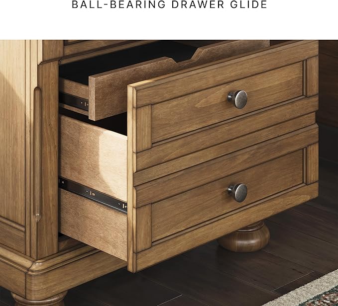 Signature Design by Ashley Glarrison Classic 3-Drawer Nightstand with Felt-Lined Top Drawer and Pull-Out Tray, Poplar Wood, Pine Veneer, Metal Knobs with Pewter-Tone Finish, 29.88" High, Light Brown