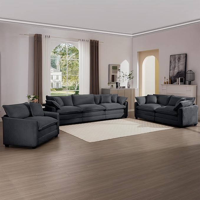 KEIKI 3-Piece Sofa Set with 1 Oversized Corduroy 3-Seater Sofa & 1 Loveseat & 1 Single Sofa, Upholstered 6-Seater Couch Set with 10 Pillow, High-Density Foam Cushions, for Living Room, Grey