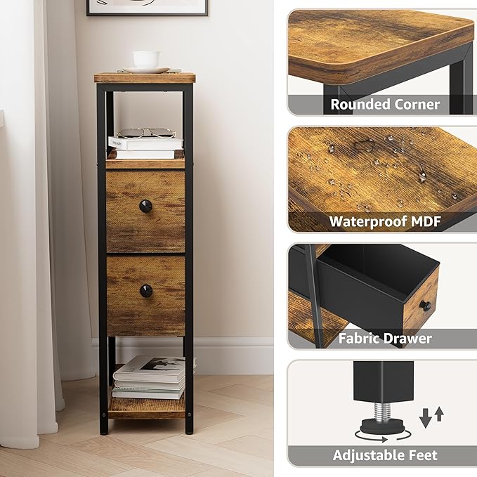 Narrow Nightstands Set 2 - Skinny Side Table Slim Night Stand for Small Space Bedroom Thin Bedsides Tables with 2 Drawers, Farmhouse Brown