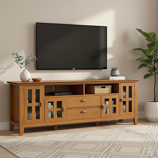 SIMPLIHOME Artisan TV Stand - 72 inch Wide Solid Wood Media Console in Honey Brown, Contemporary Entertainment Center for Living Room for TVs up to 80 Inches with Glass Cabinets and Cable Management