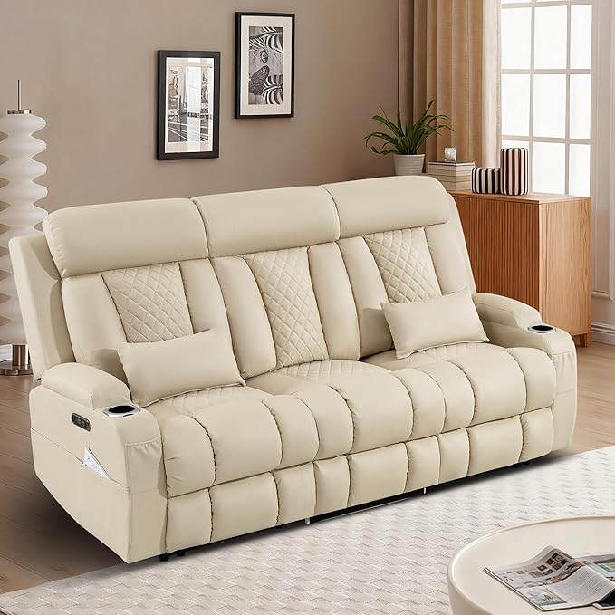 2-Piece Power Reclining Sofa Set, 3-Seater Sofa with Drop-Down Console & 2-Seater Loveseat, Zero Wall Hugger Electric Recliner Couch with Adjustable Headrest, AC Outlets (Beige, 3 Seat)