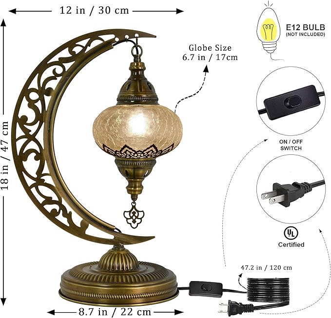 Mozaist Turkish Clear Glass Moon Shape Table Lamp, Vintage Moroccan Crescent Bohemian Desk Light, Rustic Living Room Antique Glam Home Decor Lighting, Luna Design Bedside Nightstand (Crack Clear)