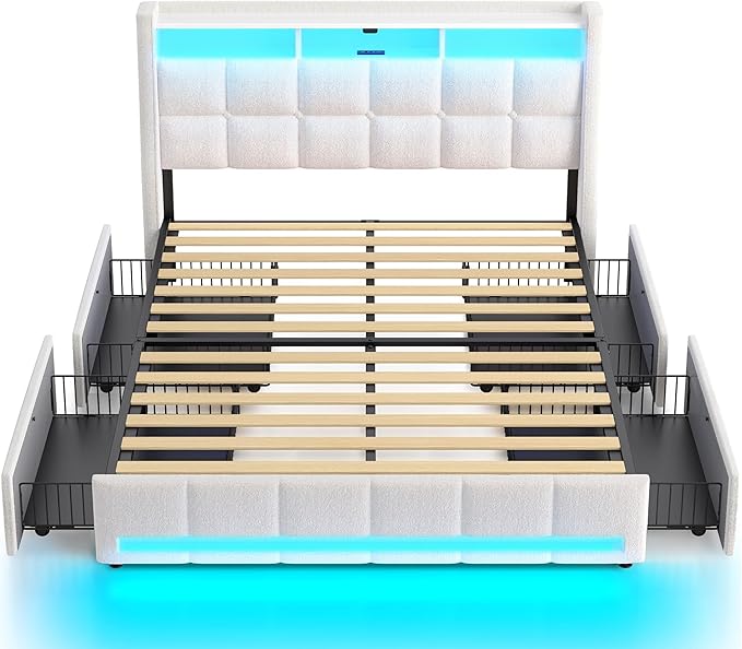 Rolanstar Queen Size Bed Frame with LED Lights and Charging Station, Upholstered Bed Storage Headboard & Drawers, Heavy Duty Wood Slats, Easy Assembly, White