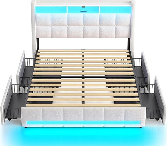 Rolanstar Full Size Bed Frame with LED Lights and Charging Station, Upholstered Bed Storage Headboard & Drawers, Heavy Duty Wood Slats, Easy Assembly, White