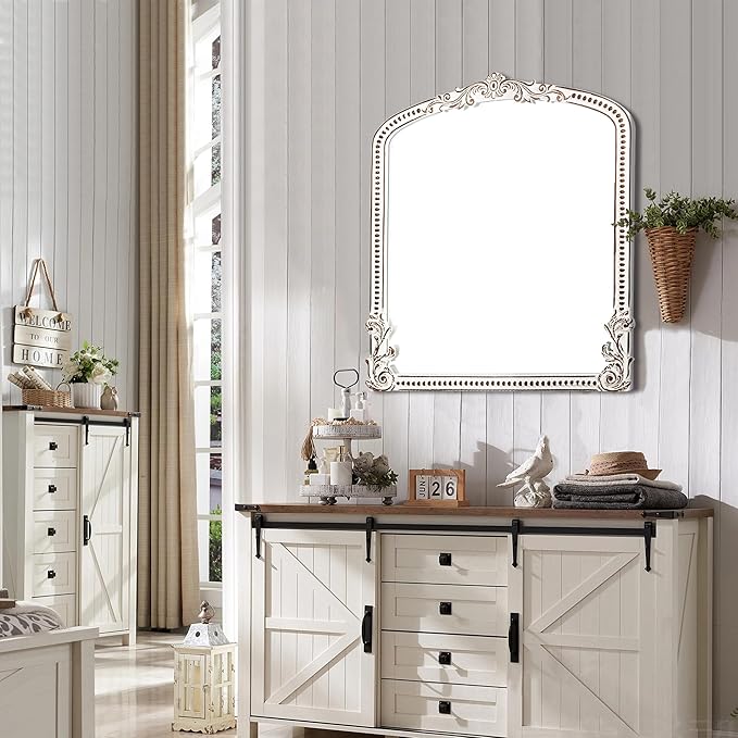 Baroque Arched Wall Mirror: 30x35 Inch Rustic Farmhouse Mirror - Ornate Decorative Mirrors for Fireplace, Living Room, Bedroom, Entryway, Bathroom