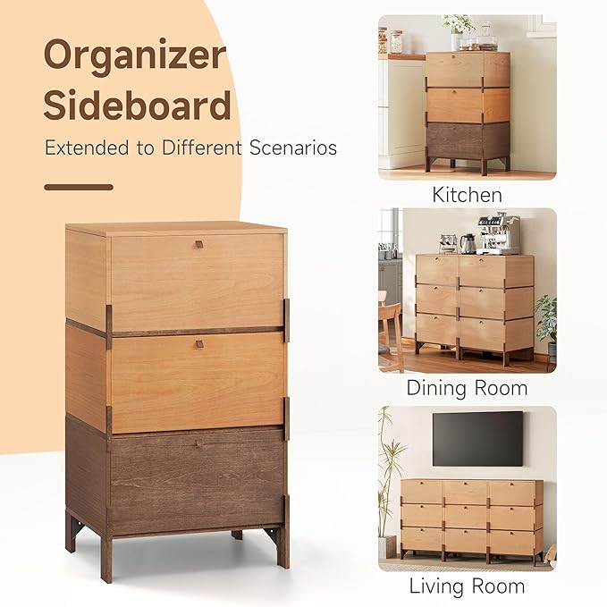 Sebastack Sideboard, Buffet Storage Cabinet with 3 Drawers, Easy Assembly Coffee Bar Cabinet, Wood Buffet Table for Kitchen, Dining Room, Bathroom, Office, Hallway, Three color comb (1 pcs)