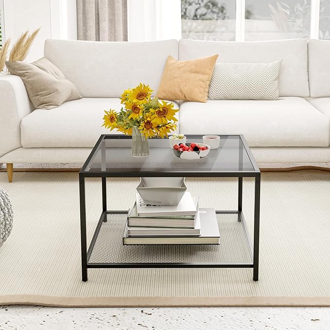 Giantex 27.5" Square Coffee Table - Tempered Glass Center Table w/Bottom Storage Shelf & Metal Frame, Modern Accent Table for Small Space, Living Room, Home, Office (2-Tier, Gray)