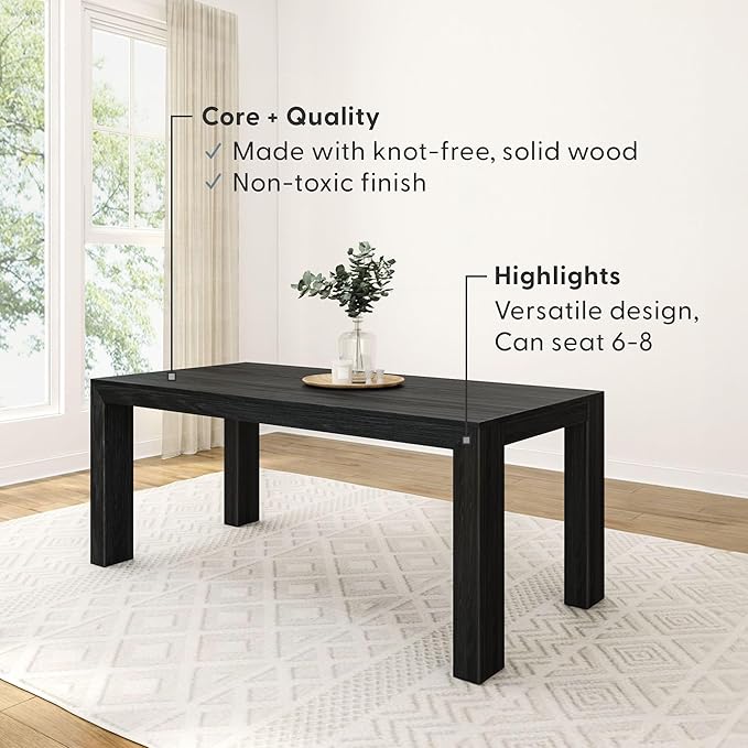 Plank+Beam 72 Inch Modern Solid Wood Dining Table - Solid Pine, Wirebrush Finish, Seats 6, Non-Toxic Finish, Easy Assembly, for Kitchen or Office, Black Wirebrush
