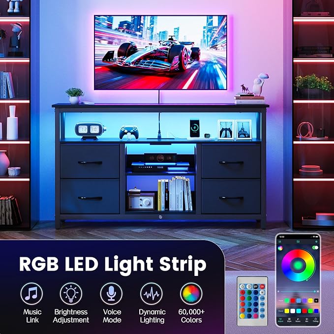 Haewon Black TV Stand with LED Lights and Power Outlets, Entertainment Center for 55 inch TV, Media Console Table with 4 Fabric Drawers and Open Shelf for Living Room, Wood Top and Metal Frame