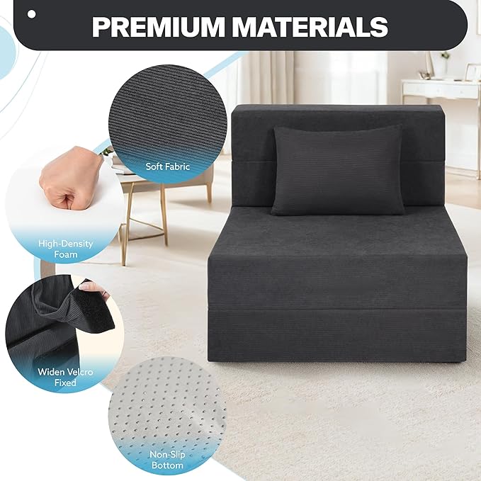Fvkind Folding Sofa Bed, 4 in 1 Convertible Fold Out Single Chair Bed with Pillow, Memory Foam Futon Chair, Foldable Futon Couch, Foldable Sofa Mattress for Living Room, Bedroom, Guest Room, Dark Grey