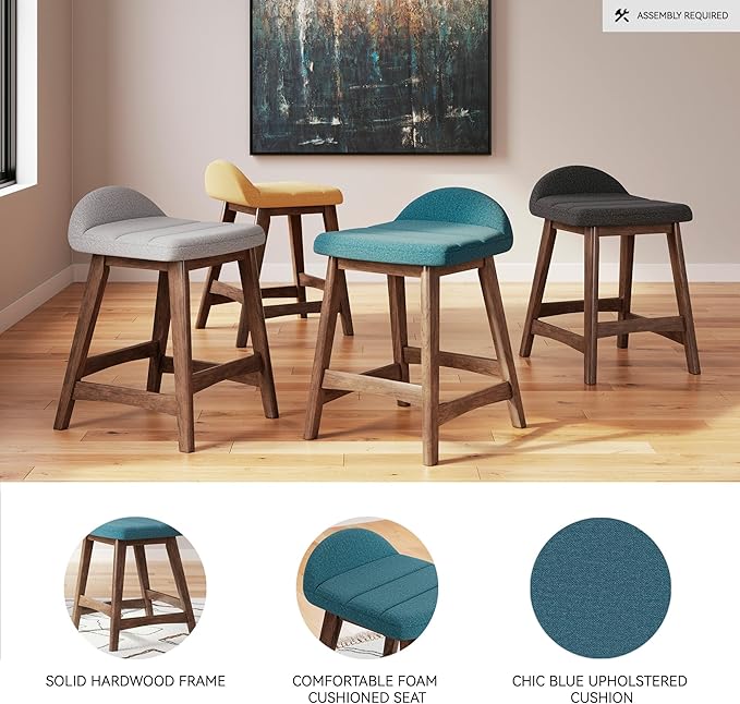 Signature Design by Ashley Lyncott Contemporary 24.25" Seat Height Counter Height Upholstered Bar Stool with Foam Cushion, 2 Count, Blue Fabric, Solid Hardwood Frame with Brown Finish