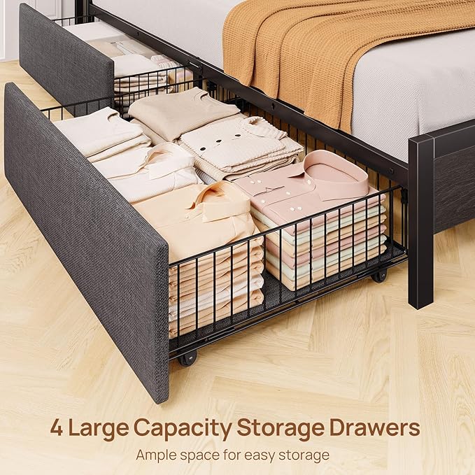 Rolanstar Bed Frame Queen Size with Charging Station and LED Lights, Upholstered Storage Headboard with Drawers, Heavy Duty Metal Slats, No Box Spring Needed, Noise Free, Easy Assembly, Dark Grey