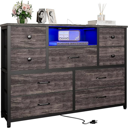 Dresser for Bedroom with 9 Drawers, Grey Storage Organizer TV Stand for 55" TV with LED Lights and Sockets, Fabric Chest of Drawers with PU Finish for Kid Room, Entryway, Living Room, Hallway