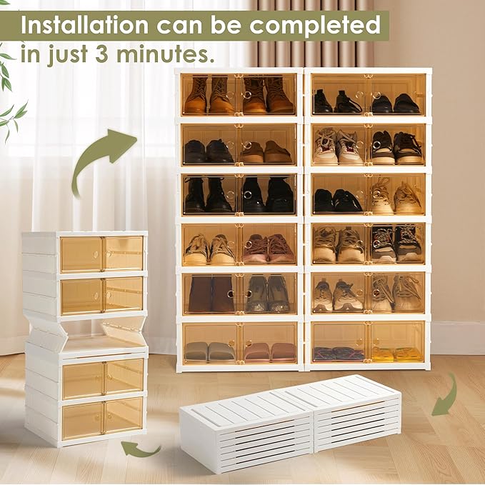 SAYMA Collapsible Shoe Rack Organizer Foldable Shoe Shelves, Large Plastic Folding Shoe Rack with Door, Easy Assembly Shoe Cabinet for Entryway (2 x 6 Tiers-12 Pairs)