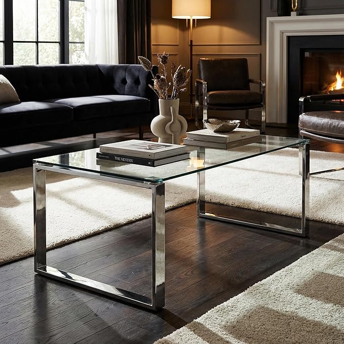 Cortesi Home Remi Contemporary Glass Coffee Table with Chrome Finish