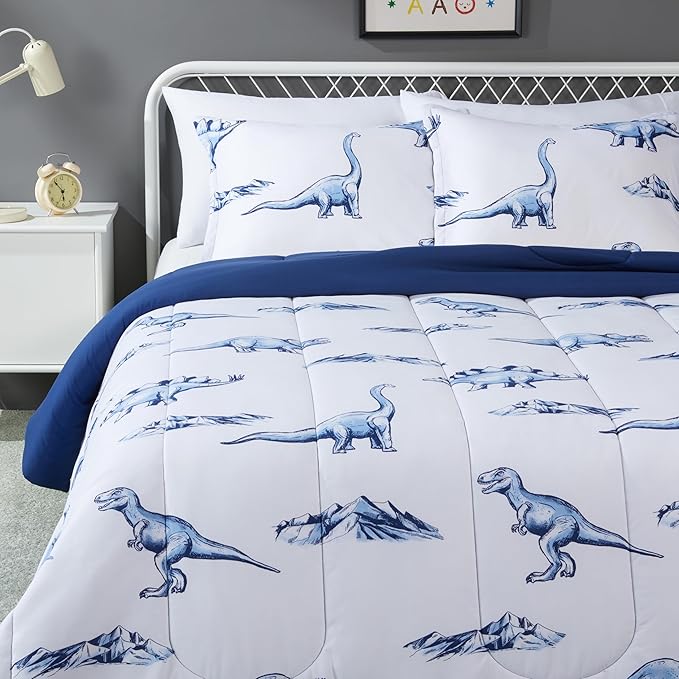 Amazon Basics 3-Piece Microfiber Kids' All Season Comforter and Pillow Sham Set, Full/Queen, Dinosaurs, Animal Print