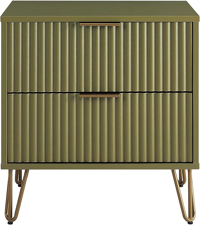 Manhattan Comfort Dumbo Fluted Nightstand with 2 Drawers, Gold Metal Legs and Metal Handles, Snap Tool-Free Assembly, Modern Bedside Accent Table with Storage for Bedroom, Living Room in Olive Green