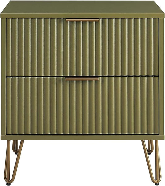 Manhattan Comfort Dumbo Fluted Nightstand with 2 Drawers, Gold Metal Legs and Metal Handles, Snap Tool-Free Assembly, Modern Bedside Accent Table with Storage for Bedroom, Living Room in Olive Green