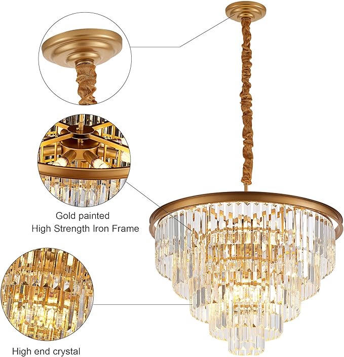 23.23" Gold Crystal Chandelier 12-Light Modern Crystal Pendant Ceiling Light Fixture 5-Tier Luxury K9 Crystal Chandeliers,for Dining Room Kitchen Island Living Room Bedroom