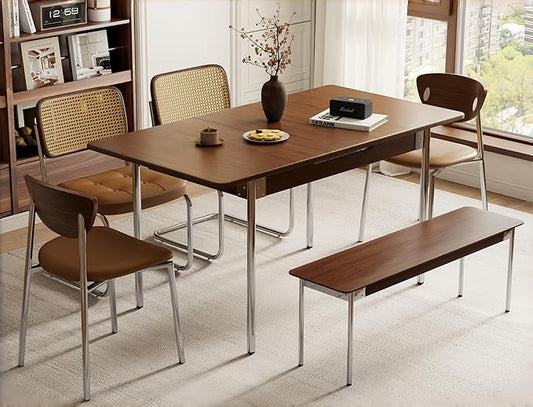 Walnut Extendable Dining Room Table for 4-8 People,Expandable Dining Table from 47.2 to 59 Inches,Wood Dining Table with Heavy-Duty Stainless Legs,Modern Kitchen Table for Small Spaces,Easy Assembly