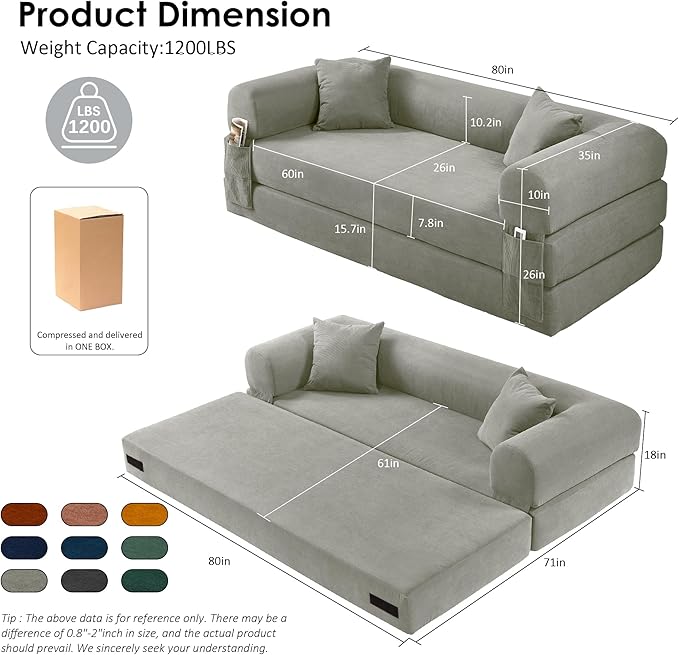 80" Convertible Sofa Bed, Corduroy Deep Seat Folding Pull Out Couch with Pillows, No Assembly Modern Boneless Couch Compression Sofa in Box, Floor Sofa with Storage Pocket for Living Room,Light Grey