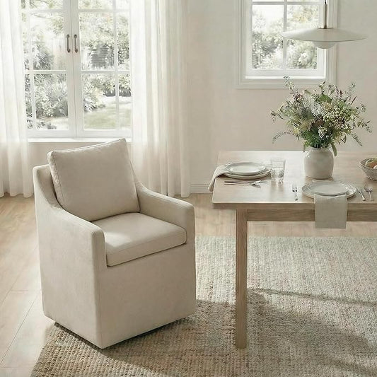 Upholstered Dining Chairs Set of 1, Modern Dining Room Chairs with Casters & Washable Cover, Rolling Accent Chair with Hidden Storage for Kitchen, Farmhouse, Living Room, Flax Beige, 1 Box
