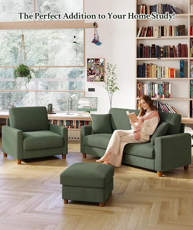 Welzona 35.3" Couches for Living Room, Comfy Green Couch Single with 22.5" Deeper Seat, Accent Chair Tool-Free Setup, Reading Chair 440lbs Support, Corduroy Couch for Bedroom, Apartment, Office
