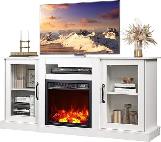 WLIVE Fireplace TV Stand for 65" TV, Entertainment Center with 3D Realistic Flame Electric Fireplace, TV Console with Open Shelves for Living Room, White