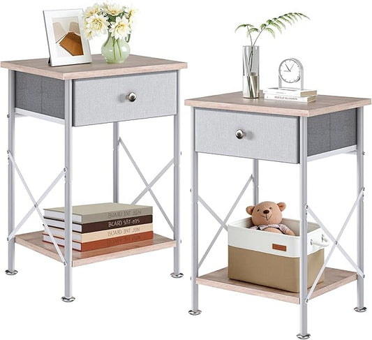 VECELO End Tables, Modern Nightstands with Fabric Drawer & Open Shelf, Side Table for Bedroom Living Room, Industrial Metal Frame, Easy Assembly, Grey,2 Pack