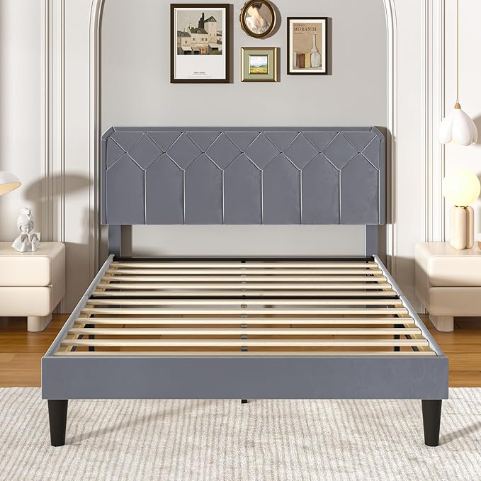 VECELO Full Size Bed Frame Premium Velvet Upholstered Platform with Height Adjustable Headboard/Mattress Foundation, Solid Wooden Slat Support, No Box Spring Needed/Easy Assembly